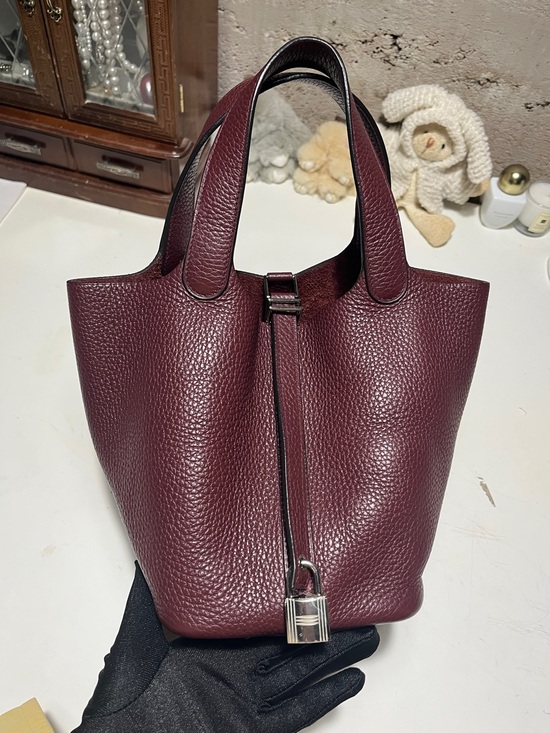 Hermes Handbags - Hermes Bordeaux Togo Leather Bucket Tote with Silver-Tone Padlock